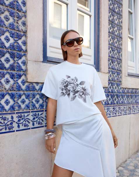 Bershka – Vit t-shirt i oversize med korta ärmar och tryck - view 1