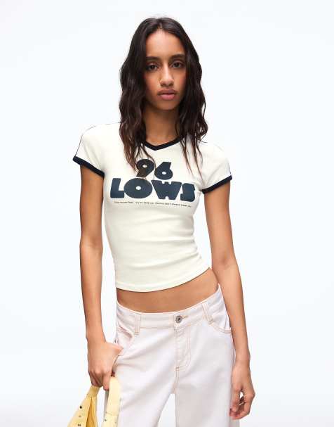 Bershka – Vit t-shirt med korta ärmar och kontrastfärgade detaljer - view 1