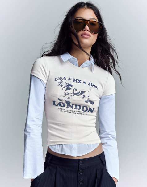 Bershka – Vit t-shirt med korta ärmar och tryck - view 1