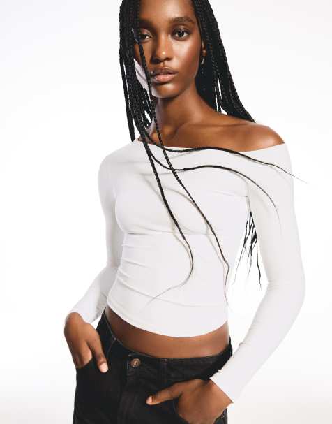 Bershka – Vit t-shirt med långa ärmar och asymmetrisk ringning - view 1