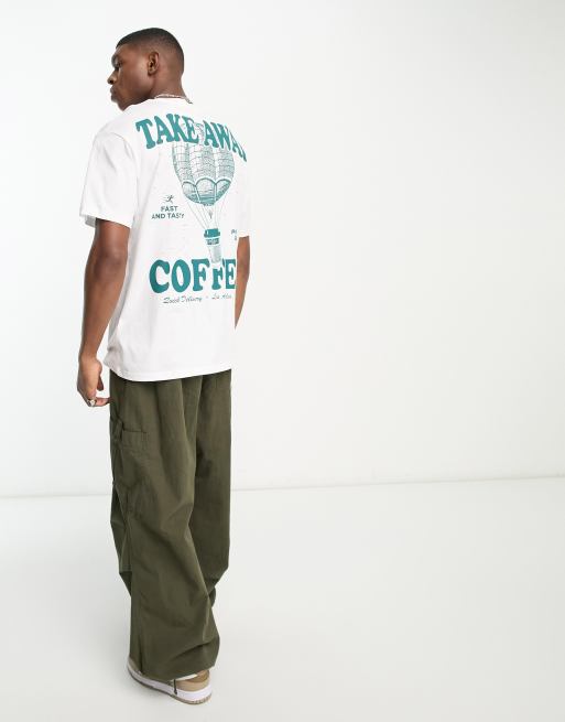 Bershka – Vit t-shirt med Take Away Coffee-tryck baktill 