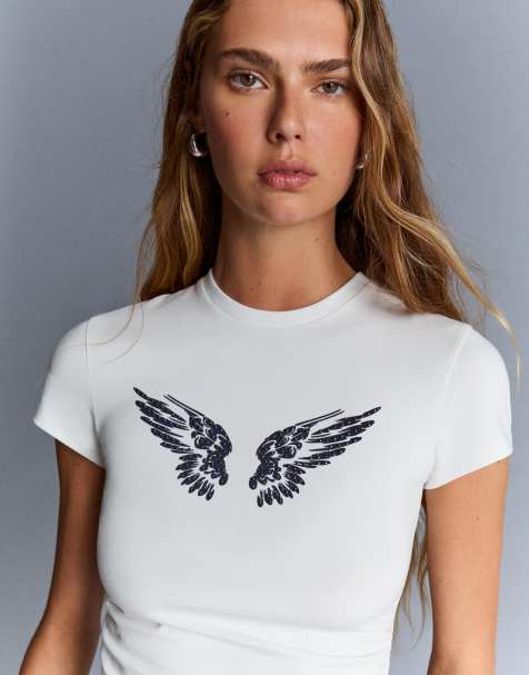 Bershka – Vit t-shirt med tryck, nitar och korta ärmar - view 1