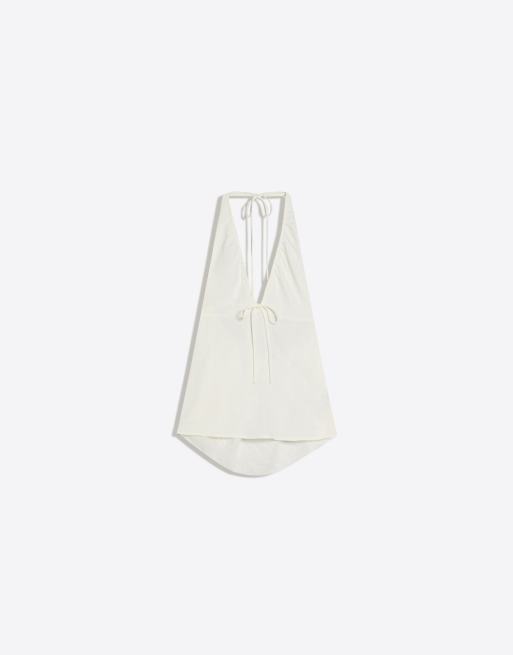 Bershka – Vit topp i linnemix med halterneck och knytning, 5 av 6