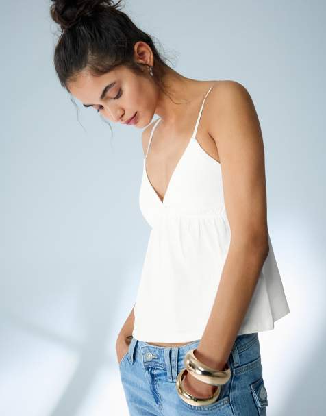 Bershka – Vit topp med smala axelband och volang - view 1