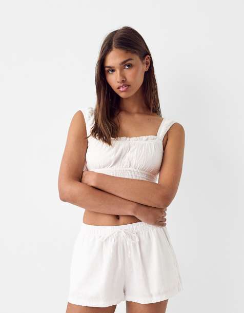 Bershka – Vita shorts i linnestil med knytmidja - view 1