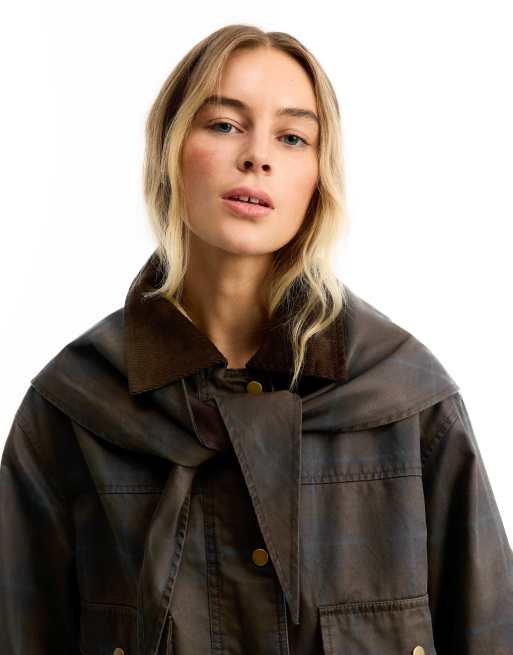 Bershka voksbehandlet fløjlsjakke med tørklæde i brun, 4 af 5