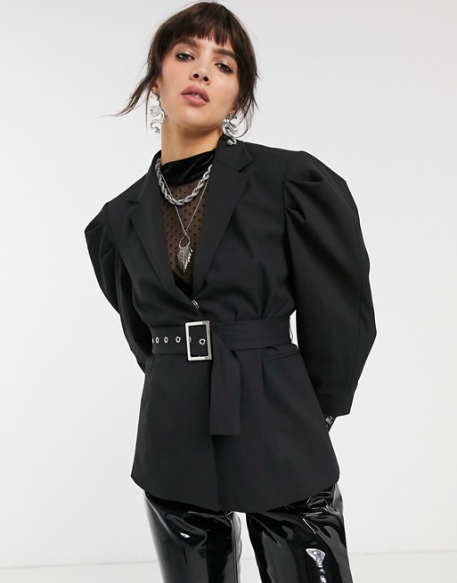 Bershka volume shoulder blazer in black with tie waist