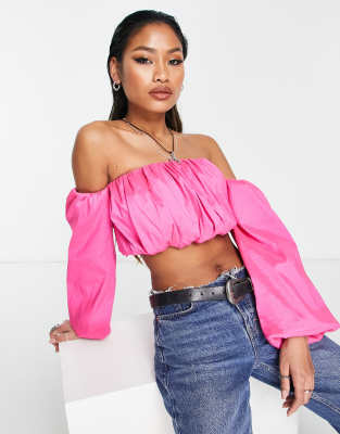 Bershka volume sleeve bardot top in pink