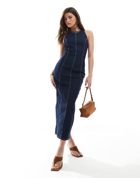 Bershka - Vormende denim maxi bodycon jurk in donkerblauw - view 1