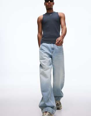 Bershka Waffle-knit print vest top in denim blue