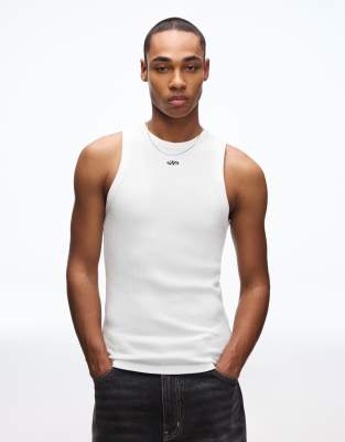 Bershka Waffle-knit print vest top in white