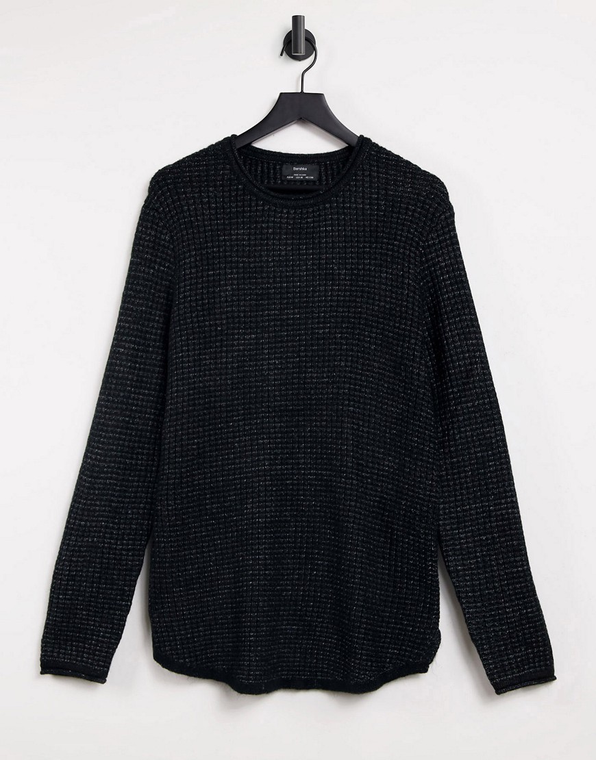 Bershka waffle knit sweater in black