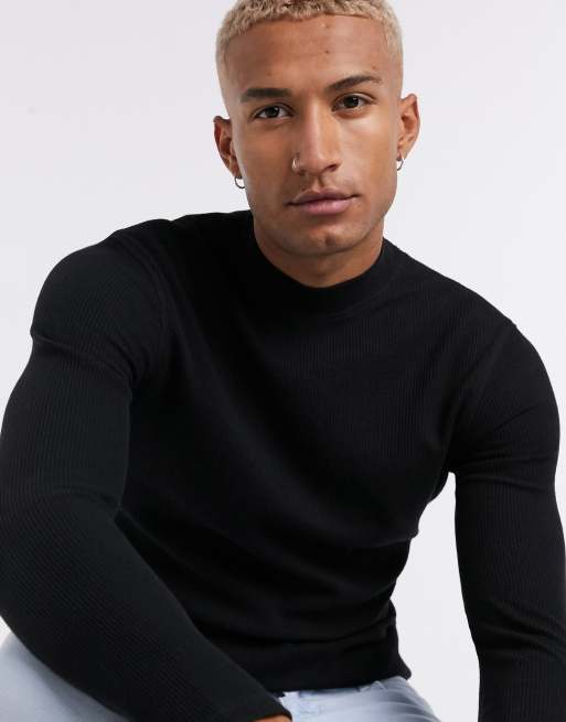 Bershka waffle knit turtleneck sweater in black ASOS