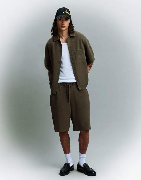 Bershka Waffle short sleeve shirt (co-ord) in khaki - view 1