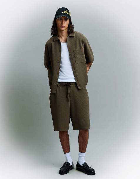 Bershka Waffle short sleeve shirt (co-ord) in khaki - view 1