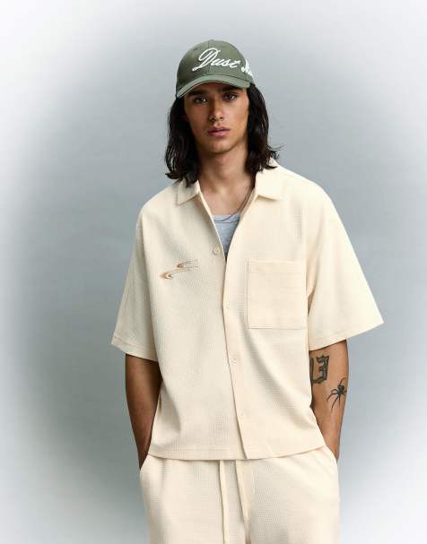 Bershka Waffle short sleeve shirt (co-ord) in white - view 1