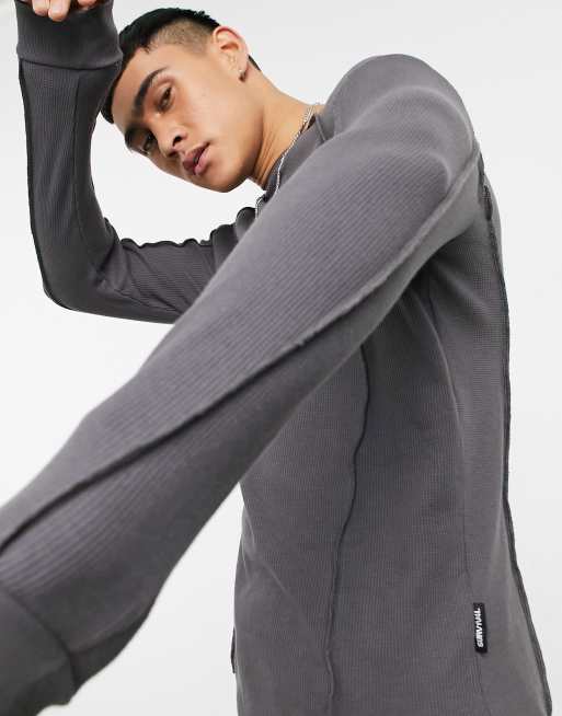 Bershka waffle texture long sleeve raglan t-shirt in grey