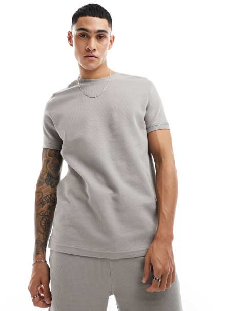 Bershka waffle textured co-ord t-shirt in grey - view 1