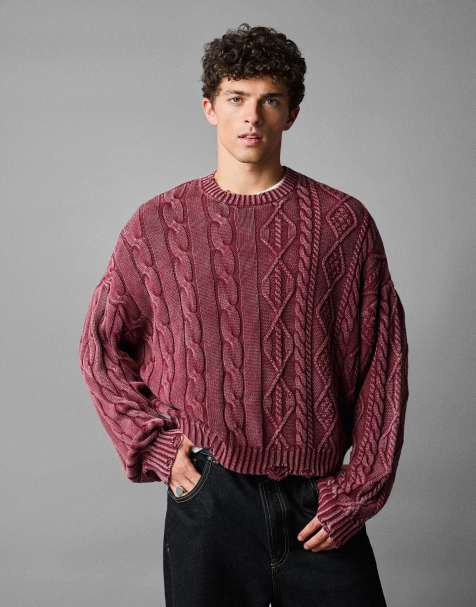 Bershka Washed cable-knit jumper in burgundy - view 1
