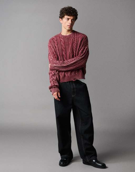 Bershka Washed cable-knit jumper in burgundy, 2 of 4