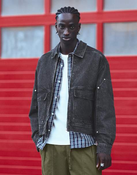 Bershka Washed denim bomber jacket in black - view 1