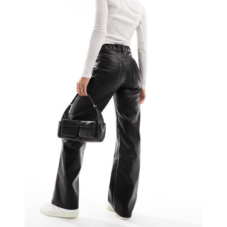 Bershka washed detail faux leather straight leg pants in