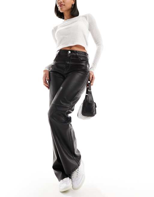 Bershka washed detail faux leather straight leg pants in