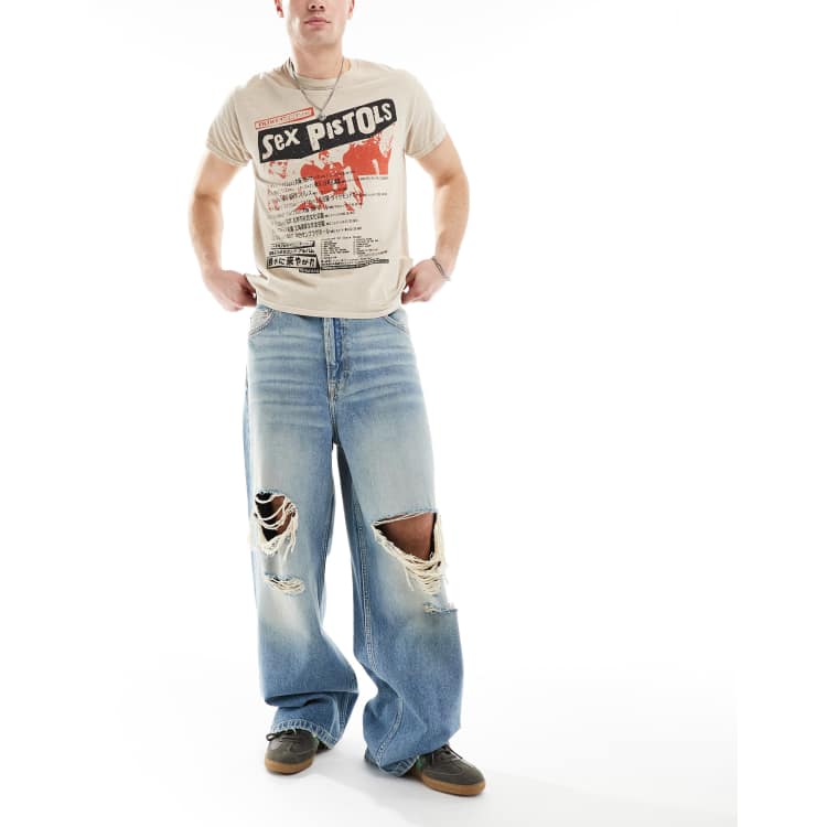 【BERSHKA】Baggy Jogger Jeans ベルシュカ デニム Bershka washed distressed denim baggy jeans in blue | ASOS