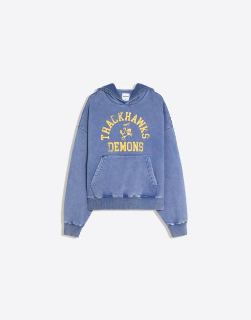 Bershka Washed effect print hoodie in navy, 5 of 6