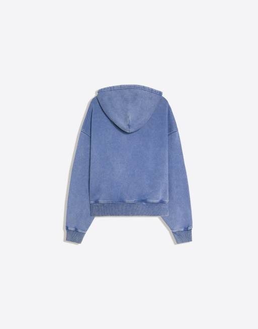 Bershka Washed effect print hoodie in navy, 6 of 6
