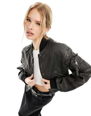 Bershka washed faux leather bomber jacket in black | ASOS