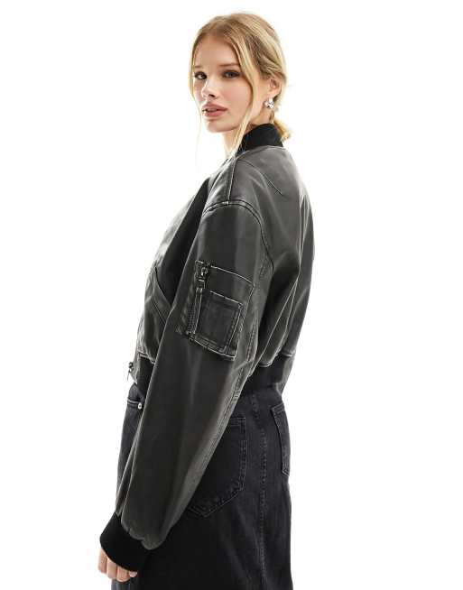 Bershka washed faux leather bomber jacket in black