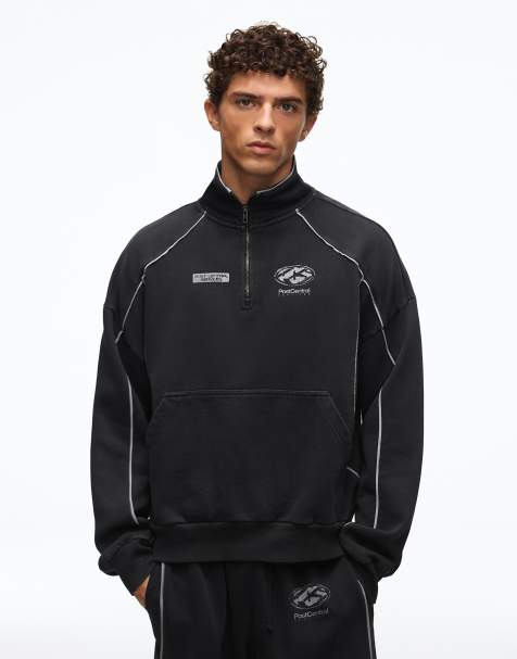 Bershka Washed half-zip sweatshirt with piping in black - view 1