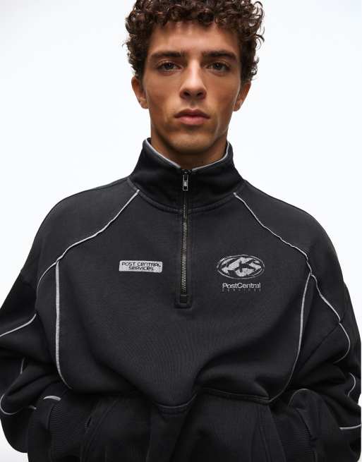 Bershka Washed half-zip sweatshirt with piping in black, 4 of 5