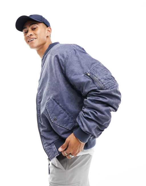 Bershka washed nylon padded bomber in blue