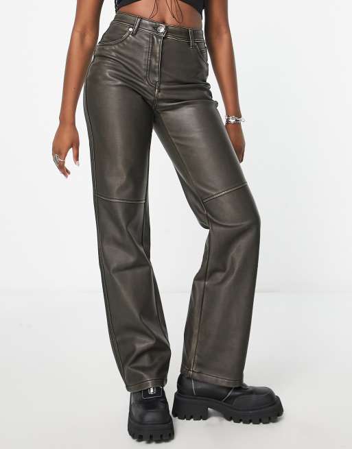 Bershka straight leg faux leather trousers in black