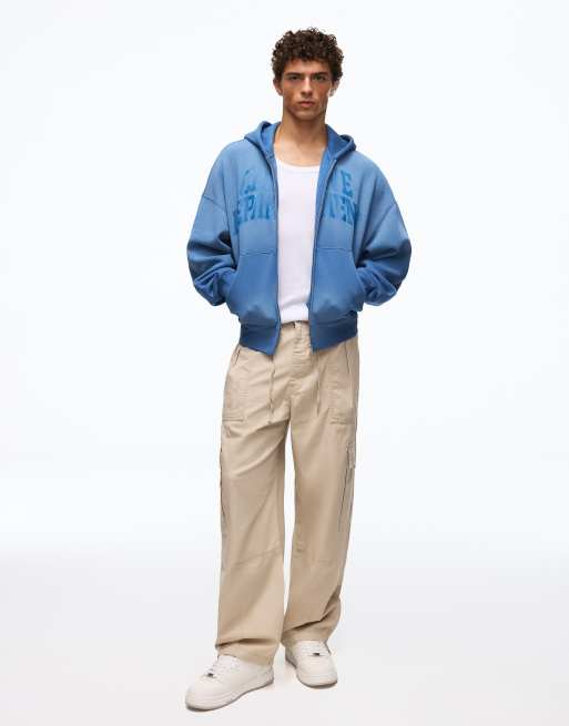 Bershka Washed printed zip-through hoodie in blue, 3 of 5