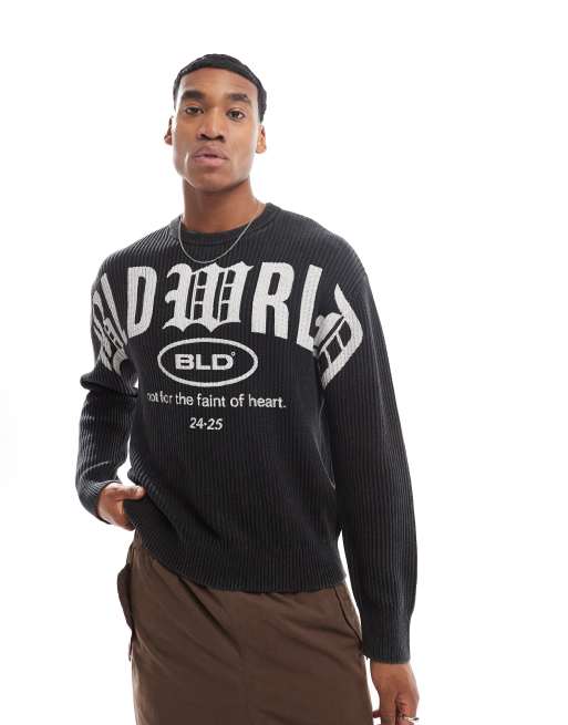 Bershka washed ribbed sweater with graphic in charcoal 