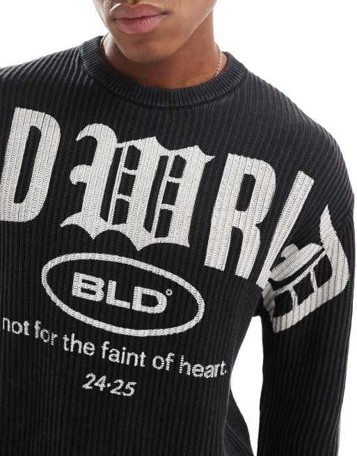 Bershka washed ribbed sweater with graphic in charcoal | ASOS