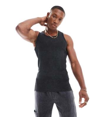 washed ribbed tank top in charcoal-Gray