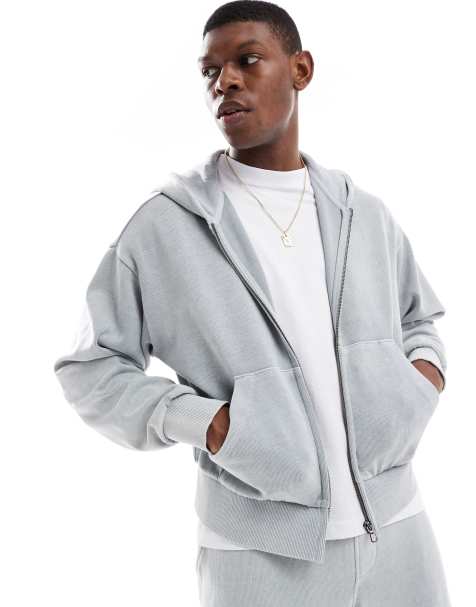 Bershka washed zip through hoodie co-ord in light grey - view 1