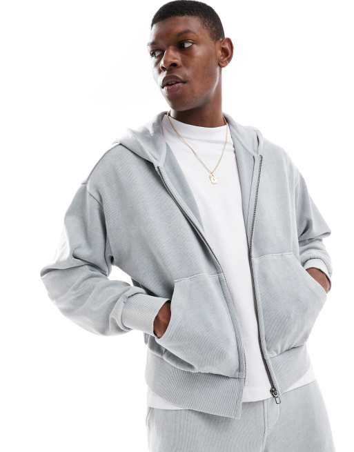 Bershka washed zip through hoodie in light grey (part of a set)
