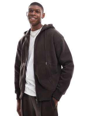 Bershka washed zip through hoodie tracksuit in chocolate-Brown