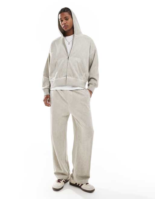 Bershka washed zip through tracksuit hoodie in stone