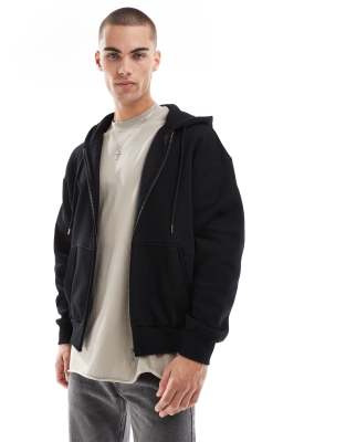 washed zip up hoodie tracksuit in black