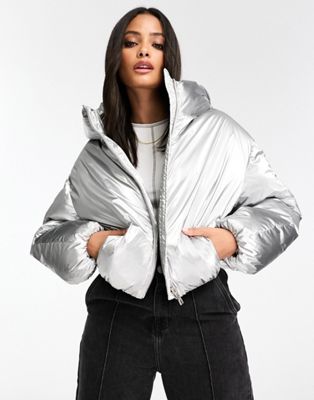 Bershka oversized puffer jacket in metallic silver - ASOS Price Checker