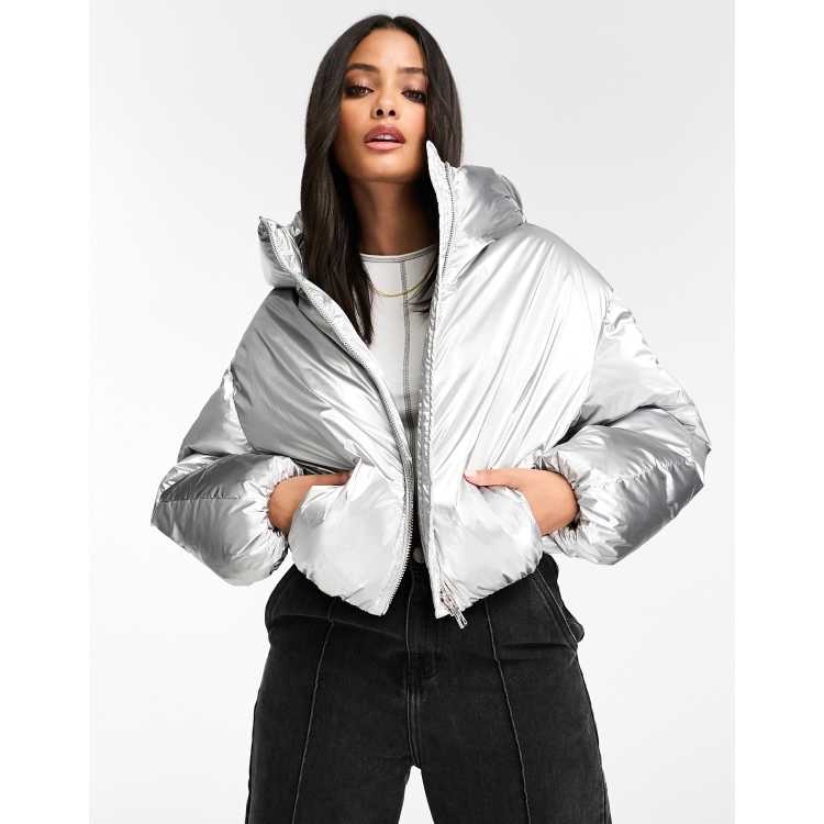 Pufferjacken Daunenjacke Silber Metallic Damen Metallic Longline Steppjacke  Boohoo DE