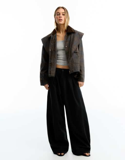 Bershka Waxed corduroy jacket with scarf in brown, 2 of 5