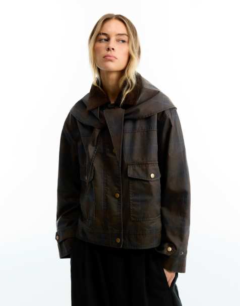 Bershka Waxed corduroy jacket with scarf in green - view 1