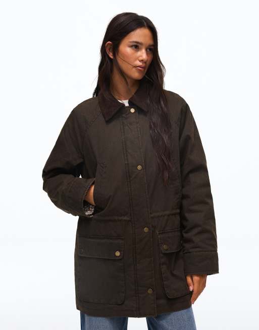 Bershka Waxed jacket with contrast collar in khaki, 2 of 6